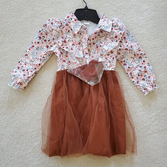 Tween Girls Floral Print Rust Tulle Dress with Woven Belt SZ 5Y - Picture 3 of 10
